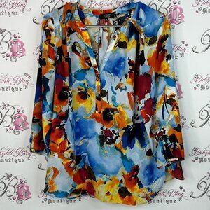 NYDJ curves 360 blouse long sleeve abstract water color Multicolor Floral Blouse